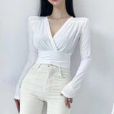 Women Long Sleeve Shirt V-neck Long Sleeve Bottoming Shirt Slim Fit Slimming Waist Trimming Short