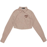 Women Long Sleeve Shirt Women's Spring and Autumn Leisure Embroidered Short Long Sleeve Shirt with Vertical Stripes
