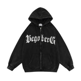 Men Fleece Lined Hoodie Letter Print Hooded Cardigan Sweater Male Loose Zipped Sports Coat