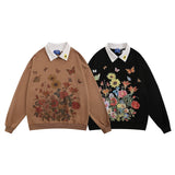 Men Hoodie Flower Printed Pullover Sweatshirt Men's Hip Hop Contrast Color Lapels Top