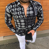 Men Shirt Autumn Shirt Long Sleeve Stand Collar Printed Men