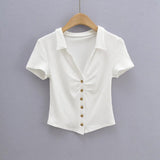 Women T-shirt Fashion Polo Collar Button Short Sleeve T-shirt
