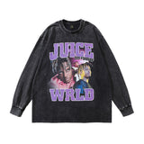 Men Long Sleeve Shirt Hiphop Bibo Printed Washed Long Sleeve T-shirt for Men and Women