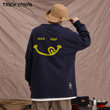 Men Long Sleeve Shirt Vintage Smiley Printed Long Sleeve T-shirt Men's round Neck Top