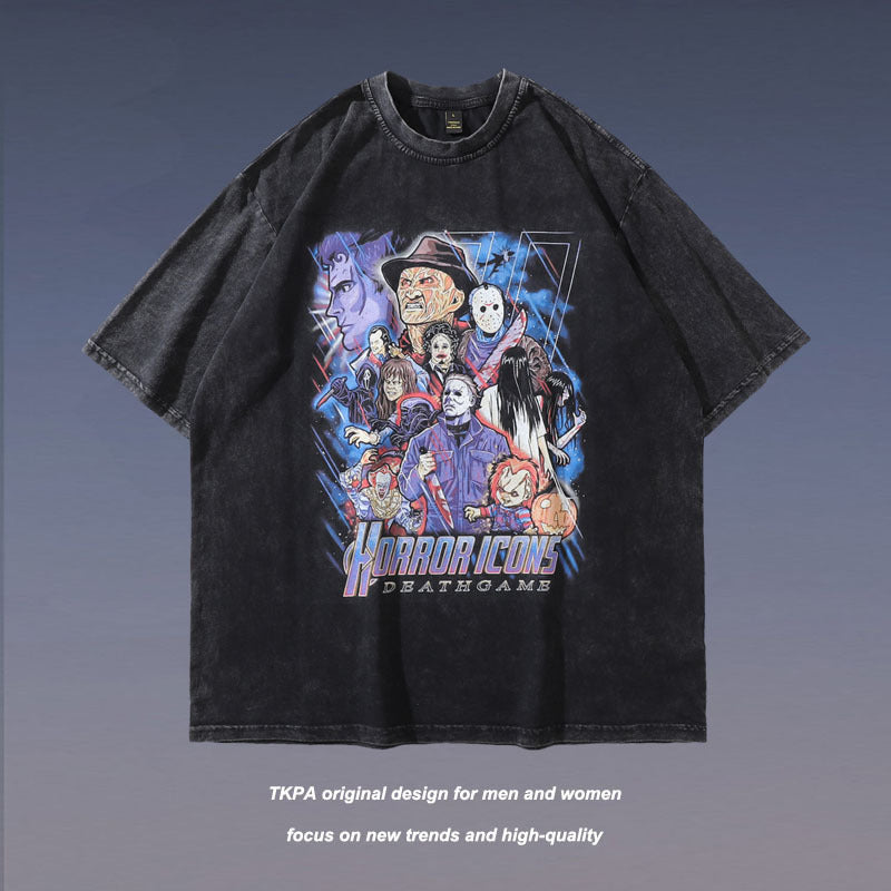 Men T Shirt Washed T-shirt Couple Retro Distressed Loose Street