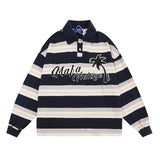 Men Hoodie Loose Long Sleeve Polo Shirt Casual Striped Embroidered Letter Lapel Pullover Sweater
