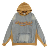 Men Denim Jacket Vintage Colorblock Hood Pullover Denim Jacket Men's Embroidery Letters Washed and Worn