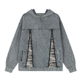 Men Denim Jacket Washed Do the Old Cowboy Sweatshirt Plaid Stitching Design Hooded Pullover