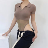 Women T-Shirt Spring/Summer Lapel Mesh Stitching Fashion Tight