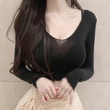 Women Long Sleeve Shirt V-neck Short Bottoming Shirt Top