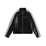 Unisex Jacket Autumn Striped Leather Coat Motorcycle Jacket Women