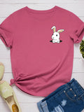 Pocket Bunny Print Women T Shirt Short Sleeve O Neck