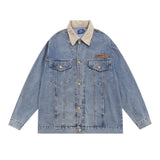 Men Denim Jacket Lapel Washed Denim Jacket Men's Loose Stitching Jacket Spring and Autumn