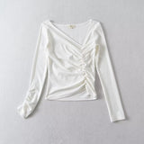 Women T-Shirt Casual Versatile Pleating Long Sleeve Bottoming T-shirt