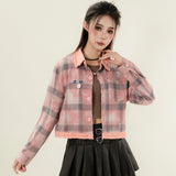 Women Long Sleeve Shirt Color Matching Plaid Short Long Sleeve Shirt Women's Coat