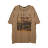 Men T Shirt Vintage Distressed Washed Loose Casual Short Sleeve T-shirt for Men and Women