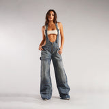 Women Cargo Pants Denim Suspender Pants Women's Loose Casual