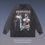 Men Long Sleeve Shirt Vintage Rap Portrait Printing Washed Distressed Long Sleeve T-shirt for Men and Women