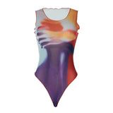 Women Jumpsuit Fashion Mesh Printed Slim round Neck Sleeveless Leotard