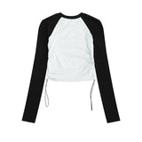 Women Long Sleeve T-Shirt Letters Embroidered Long Sleeve T-shirt Women's round-Neck Color Matching Short