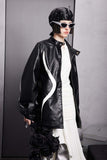 Unisex Jacket Autumn Black and White Color Contrast Patchwork Leather Coat for Women