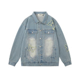 Men Denim Jacket Butterfly Paste Cloth Embroidery Denim Jacket Men's Washed and Worn Coat
