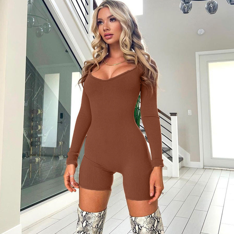 Women Jumpsuit Solid Color U-Collar Slim Fit Slimming Long Sleeves Jumpsuit