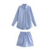 Women T-Shirt Summer Loose Casual Striped Shirt Shorts Suit