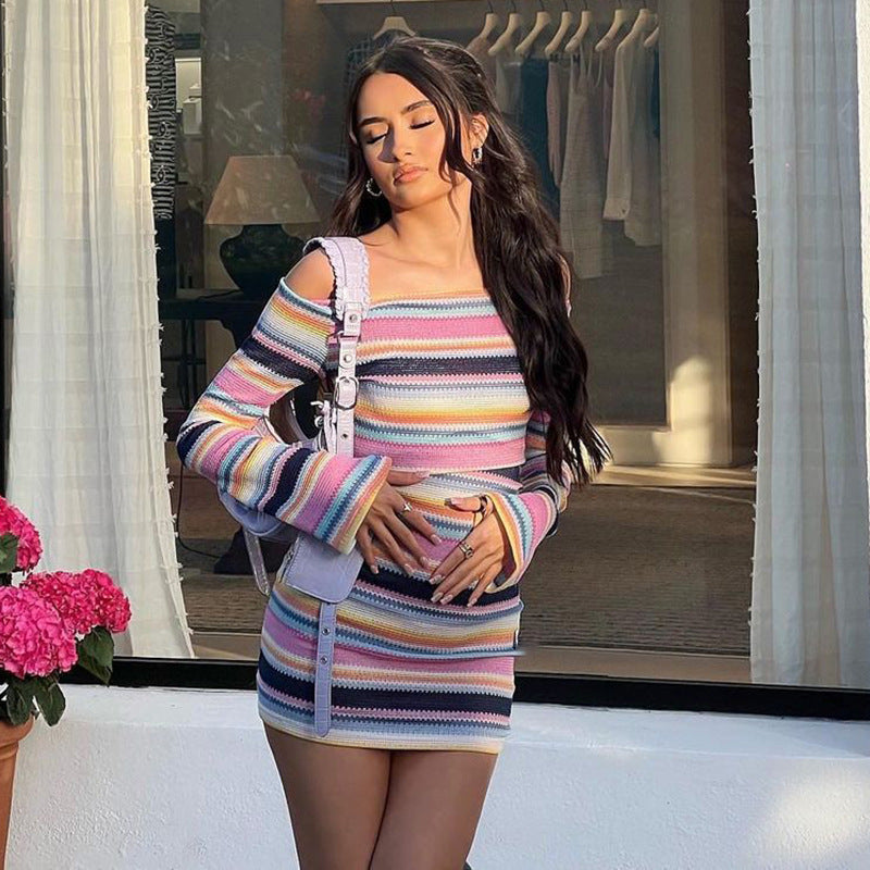 Women Dresses Autumn Sexy Contrast Color Striped Long Sleeve Slim Fit Dress