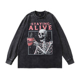 Men Long Sleeve Shirt Skull Print Long Sleeve T-shirt Men and Women Distressed Top