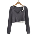 Women T-Shirt Contrast Color Women's Stitching Bottoming Shirt Long Sleeve T-shirt