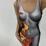 Women Dresses Summer Sexy Slim Flame Print Dress
