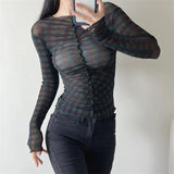 Women T-Shirt Long Sleeve Bottoming Shirt Personality Mesh Sun-Protective Clothing