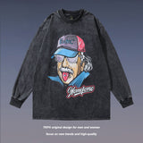 Men Long Sleeve Shirt Portrait Printing Washed and Worn Long Sleeve T-shirt Base Hoodie Men and Women