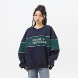 Unisex Hoodie Retro Patchwork Contrast Color Loose round Neck Sweater for Men