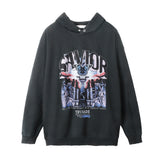 Men Hoodie Dark Devil Print Washed Distressed Hooded Sweater Loose Hand Frayed Pullover
