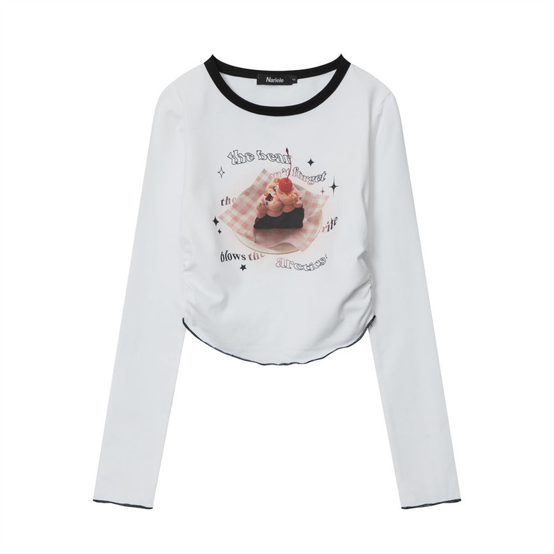 Women Long Sleeve T-Shirt Printed Pleated Short T-shirt for Girls Spring and Autumn round Neck