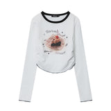 Women Long Sleeve T-Shirt Printed Pleated Short T-shirt for Girls Spring and Autumn round Neck