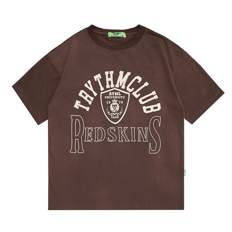 Men's T Shirt Letter Print Short-Sleeve T-shirt Men's and Women's Retro Loose round Neck