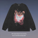 Men Long Sleeve Shirt Retro Dark Printed Washed Bottoming Long Sleeve T-shirt Oversize Men and Women