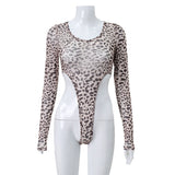 Women Jumpsuit Mesh Leopard Print Long Sleeve Jumpsuit