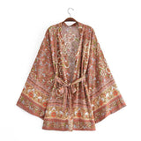 Women T-Shirt Spring Printed Cardigan Long Sleeve Belt Top