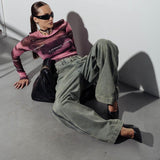 Women Cargo Pants Stitching Distressed Straight Wide Leg Jeans for Women