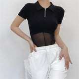 Women T-Shirt Spring/Summer Lapel Mesh Stitching Fashion Tight