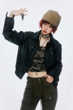 Unisex Jacket Autumn Contrast Color Bronze Zipper Leather Coat