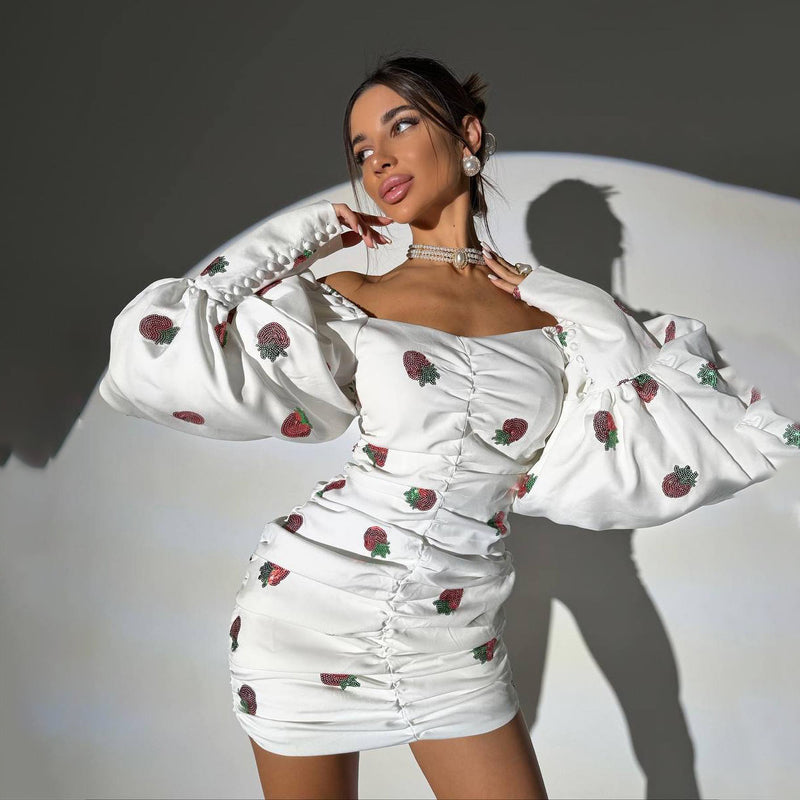 Women Desses Hip Skirt Strawberry Rhinestone Long Sleeve Slim Fit Dress