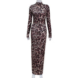 Women Desses Long Sleeve Leopard-Print Slim-Fit Dress Maxi Dress