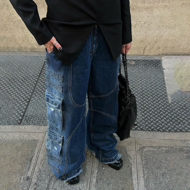 Women Cargo Pants Stitching Jeans Women's Autumn Loose Wide-Leg Pants