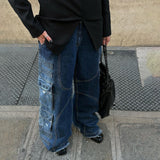 Women Cargo Pants Stitching Jeans Women's Autumn Loose Wide-Leg Pants
