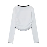 Women Long Sleeve T-Shirt Printed Pleated Short T-shirt for Girls Spring and Autumn round Neck